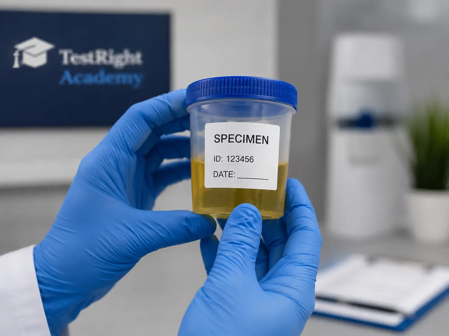 A trained collector handling a labeled urine specimen at a TestRight Academy collection site
