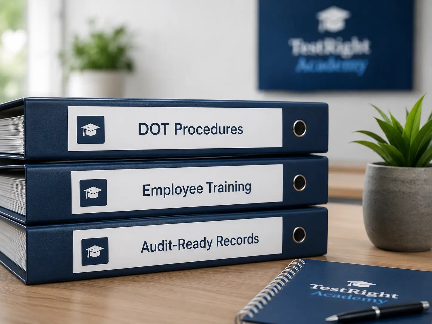 Binders labeled DOT Procedures, Employee Training, and Audit-Ready Records
